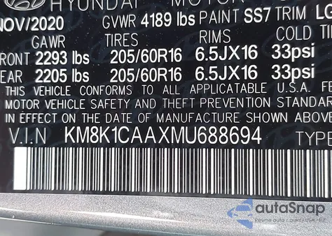 2021 Hyundai Kona Se from USA, damaged, VIN KM8K1CAAXMU688694